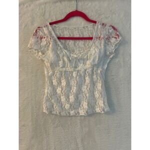 White Floral Lace V-Neck Coquette Top with Bow Detail Short Sleeve Cap Sleeve
